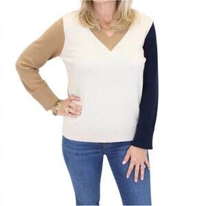 NEW CHARLIE B colorblock v-neck sweater in truffle